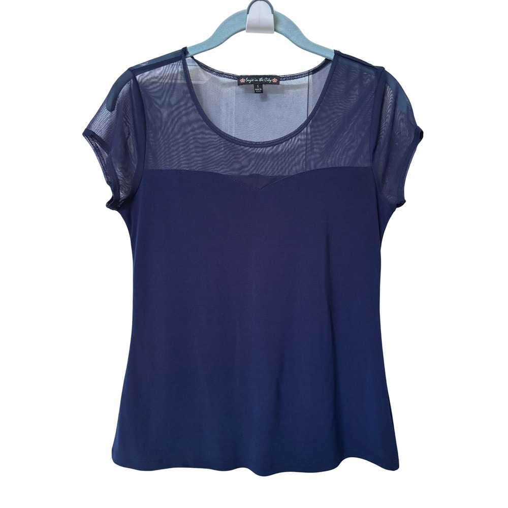 Suzie in the City Navy Blue Sheer Mesh Yoke Cap Sleeve Top Small Made in USA